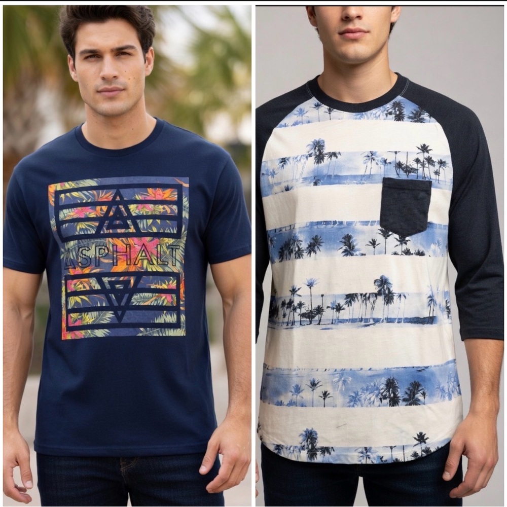Bundle of 2 Men’s Shirts Vacation Skater Floral Hawaiian Retrofit & Asphalt Tees